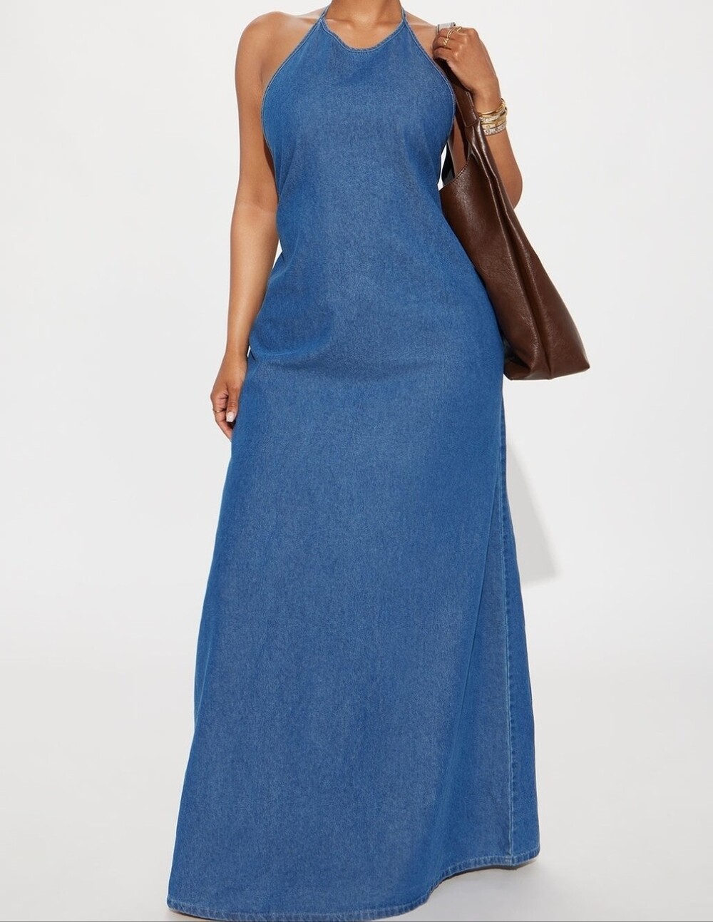 Backless Denim Halter Maxi Dress - Blue